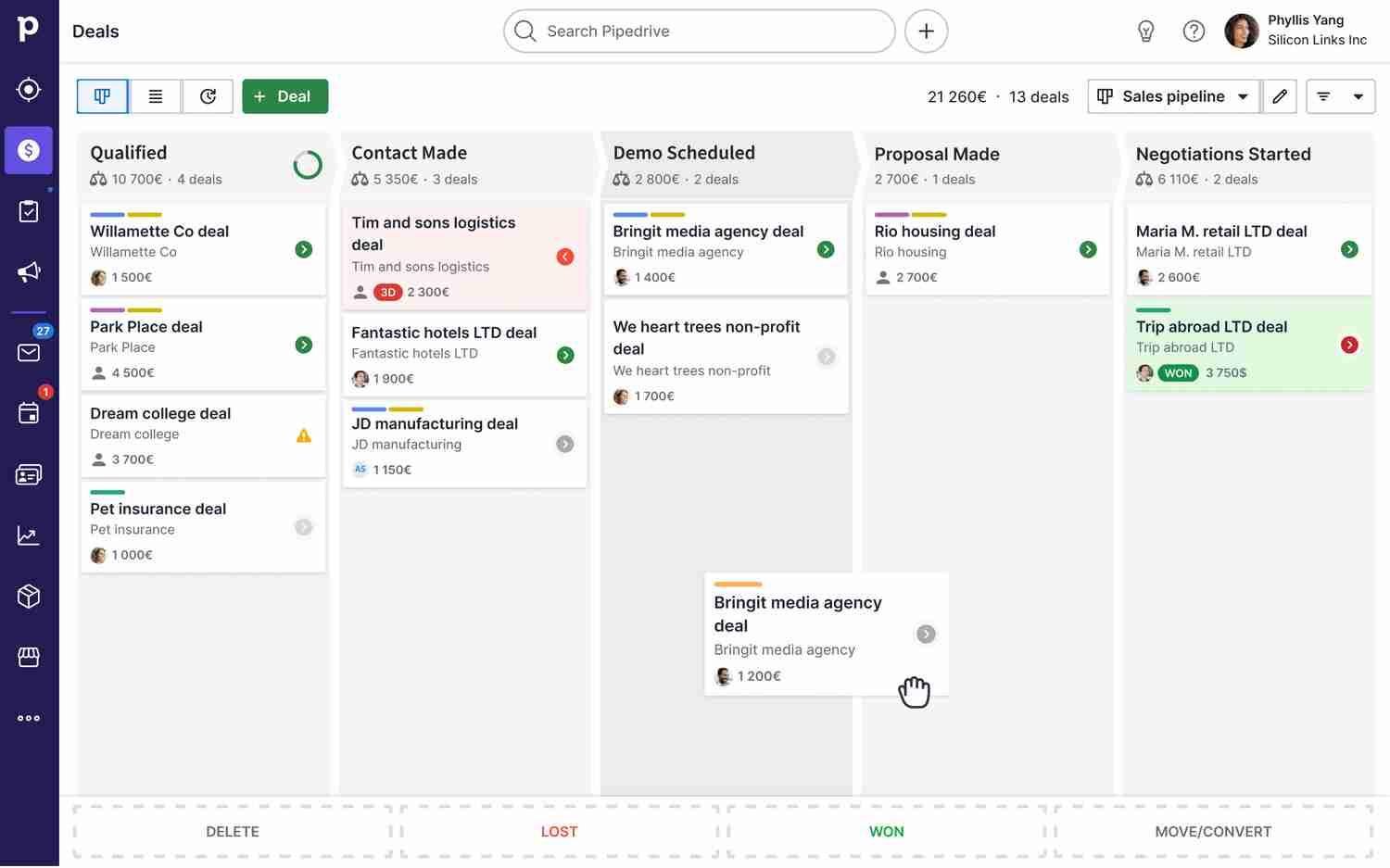 Deals dashboard in Pipedrive which is a solution like Salesforce 