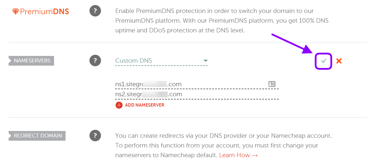 Custom DNS blank fields to enter Nameservers URL