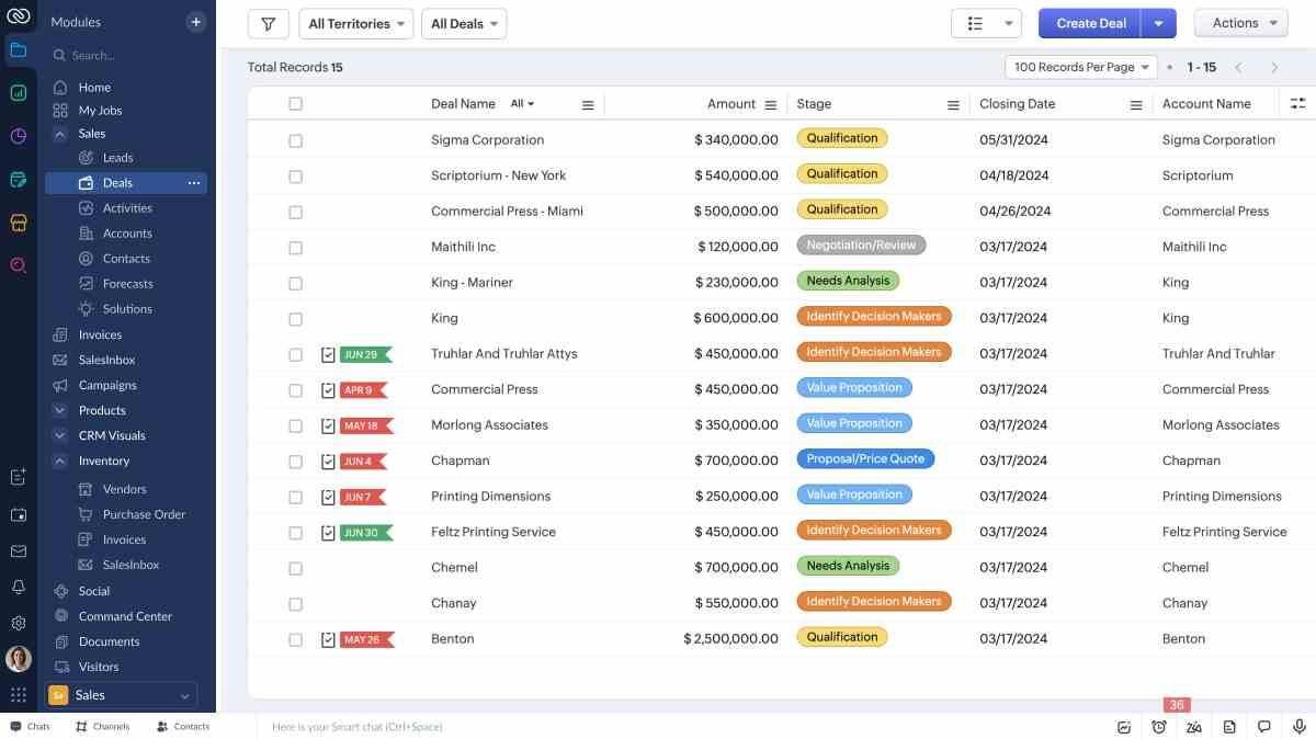 Deals record report in Zoho CRM 