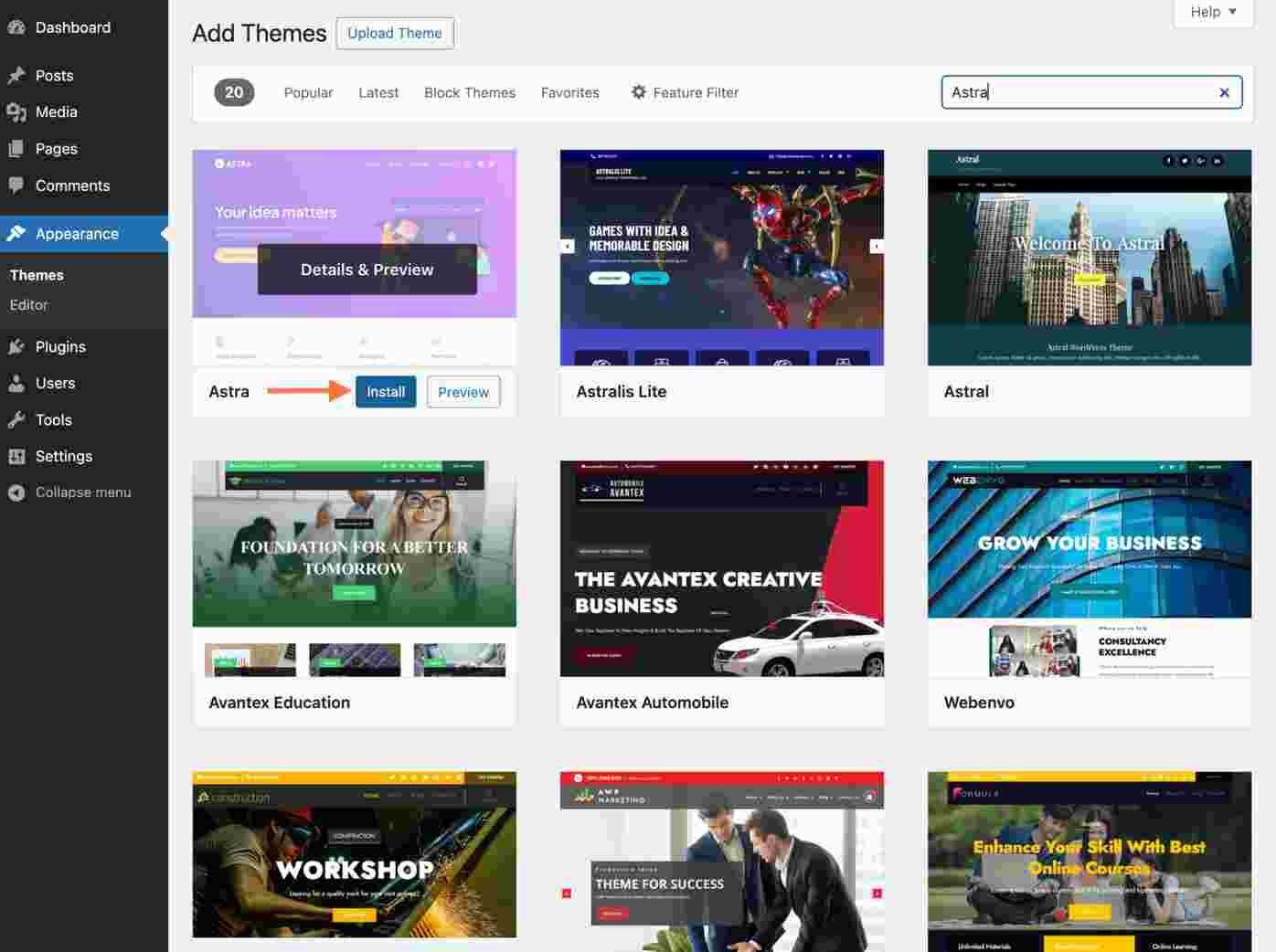 Dashboard of Astra theme to build affiliate website. 