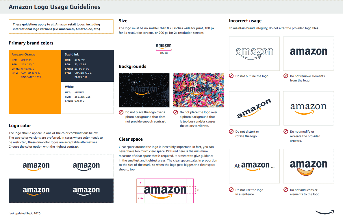 Amazon logo usage guidelines as a component of a brand book. 