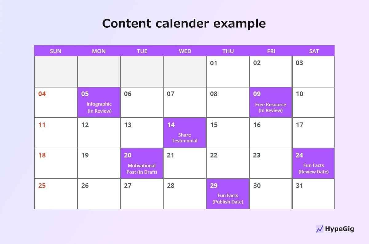 Content schedule calendar example.