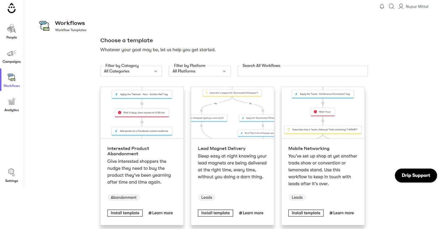 Workflows templates in Drip which is an ActiveCampaign alternate