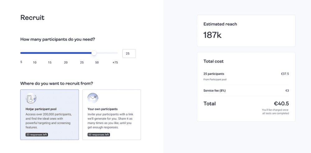 Hotjar recruitment survey feature to invite users to joins tests