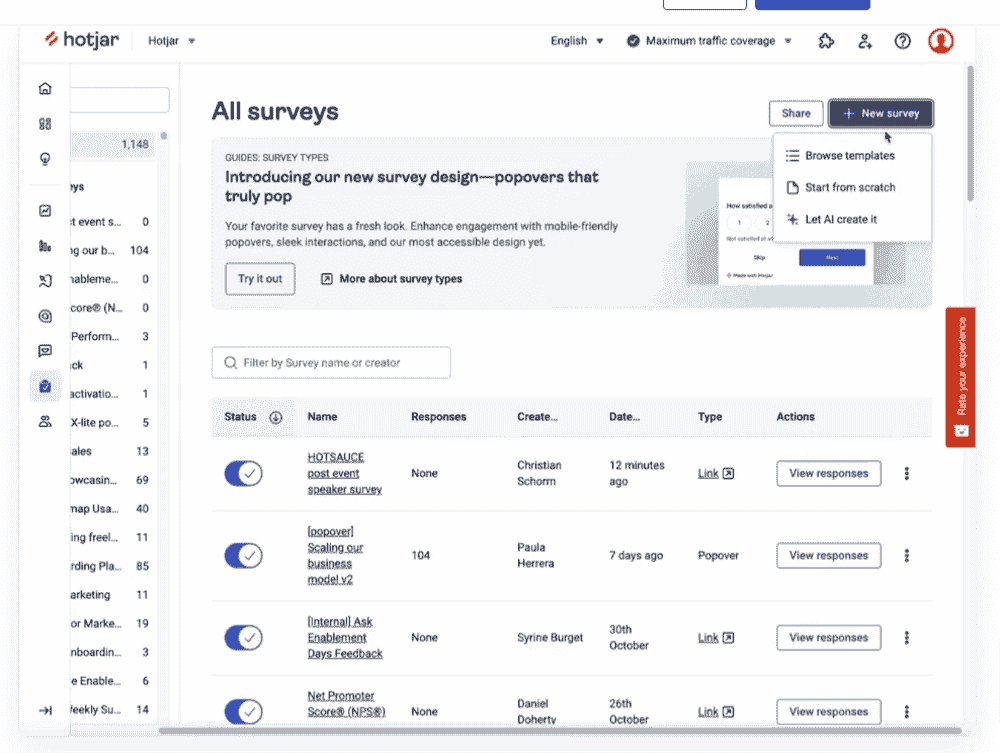 Customer experience surveys feature in Hotjar review