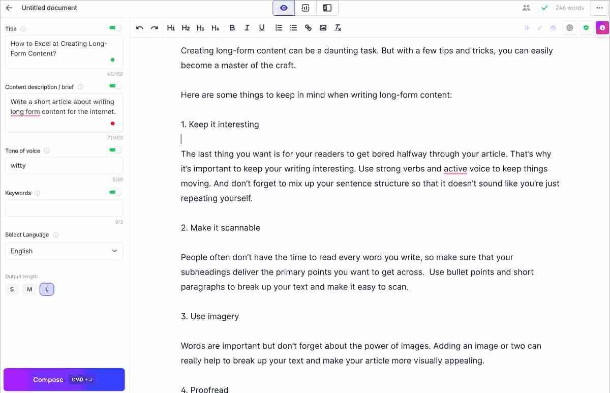 User interface of Jasper AI writing tool