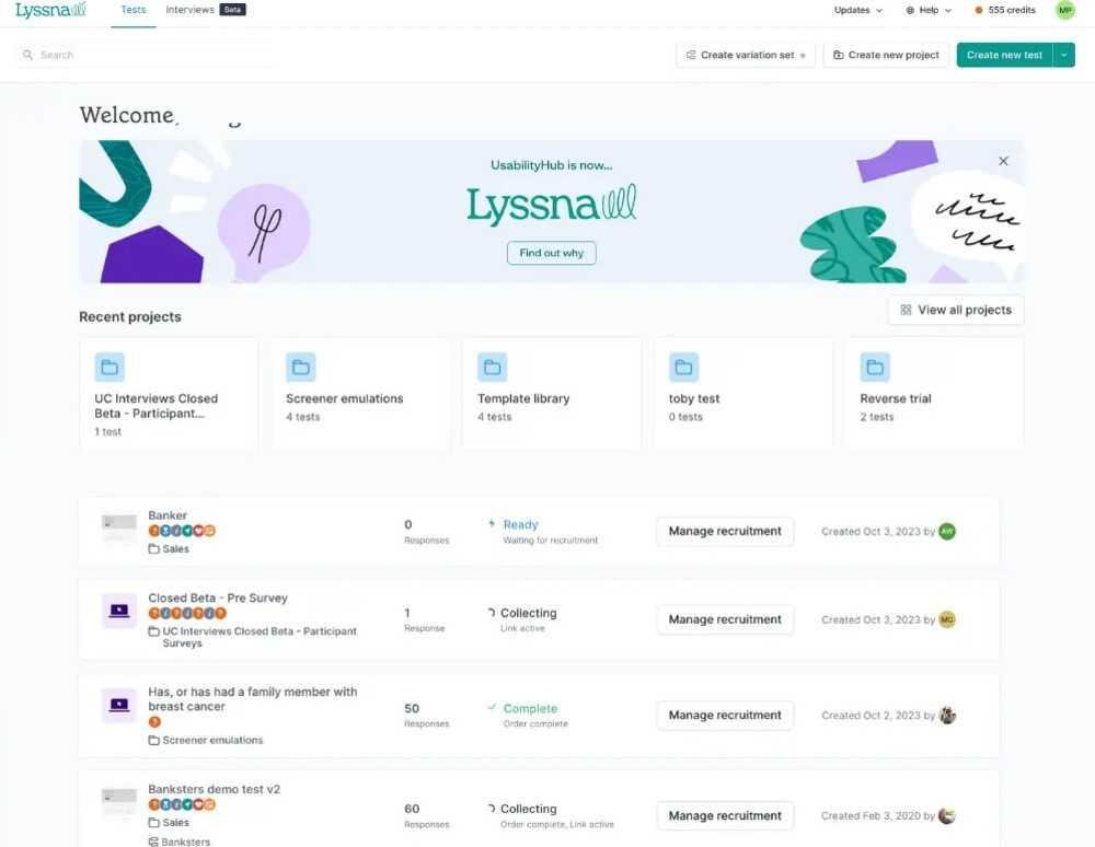 Dashboard of Lyssna which is a Hotjar competitor