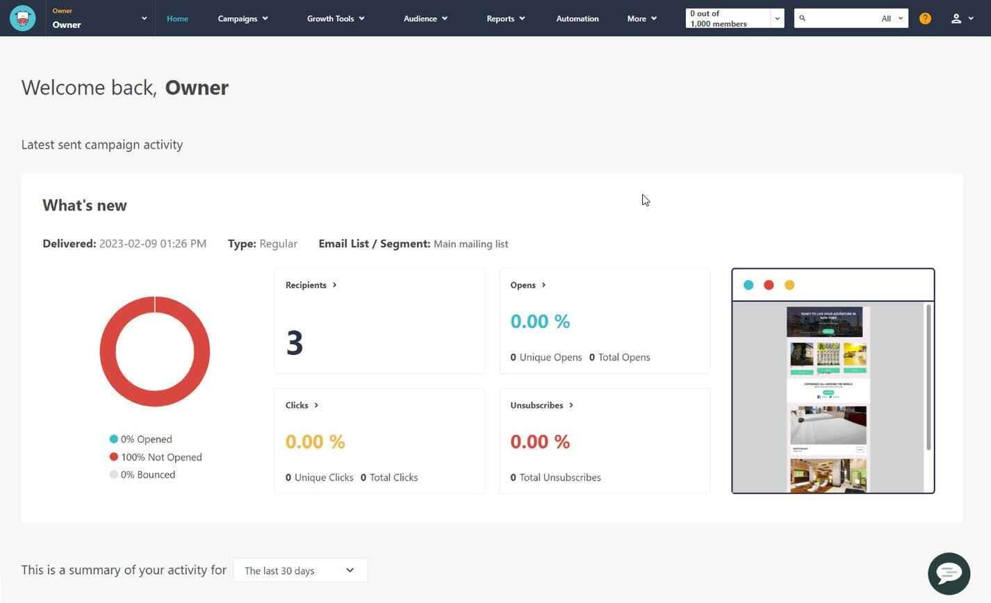 Dashboard of Moosend which is a competitor to ActiveCampaign