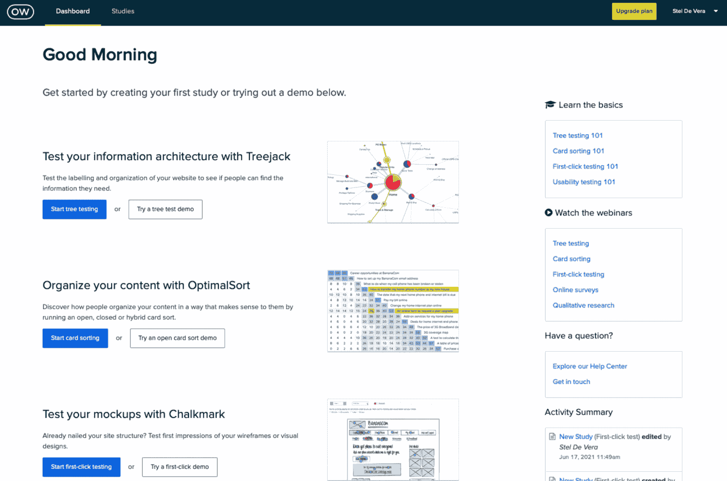 Optimal Workshop dashboard 