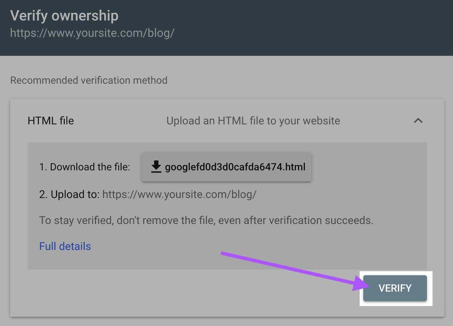 GSC verifying ownership for monitoring affiliate website performance.