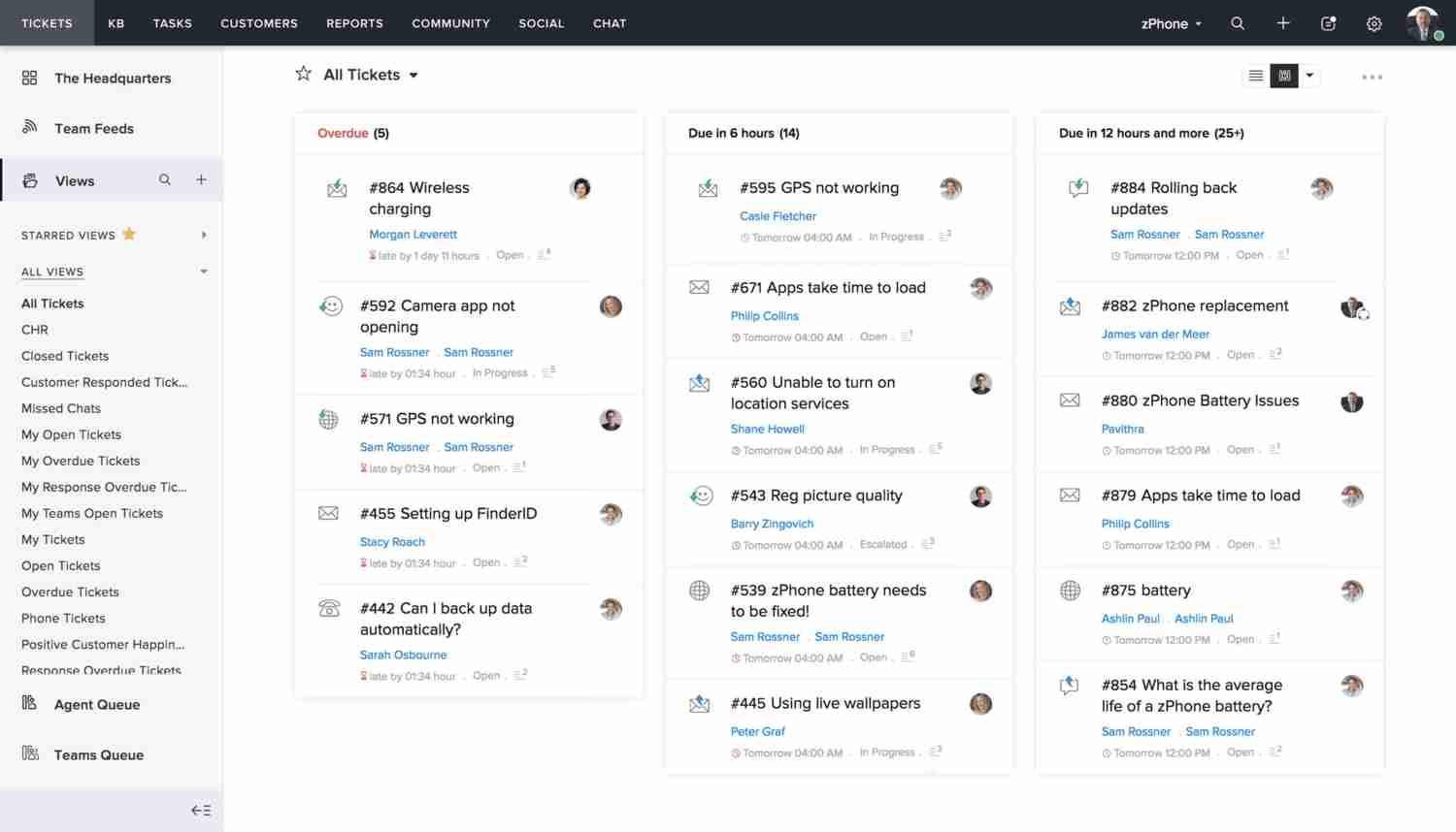 Zoho Desk tickets alternative to Help Scout.Customer support tickets organized by due time in Help Scout competitor Zoho Desk