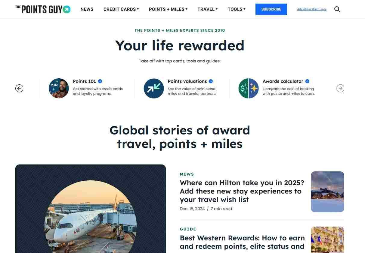 One of travel industry affiliate website examples The points guy 