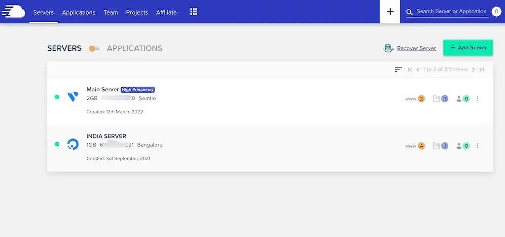 Cloudways-dashboard-servers Servers tab in dashboard of Cloudways, a Bluehost competitor