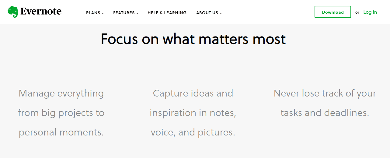 evernote-benefits-homepage Product features on website homepage