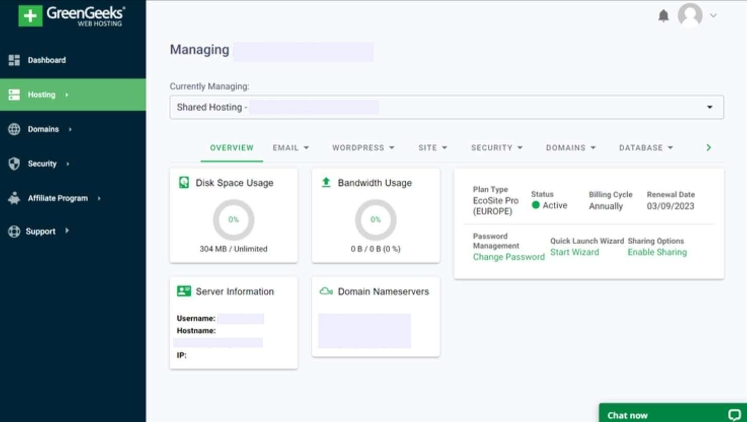 greengeeks-hosting-example Hosting management in Dashboard of GreenGreeks, a Bluehost competitor
