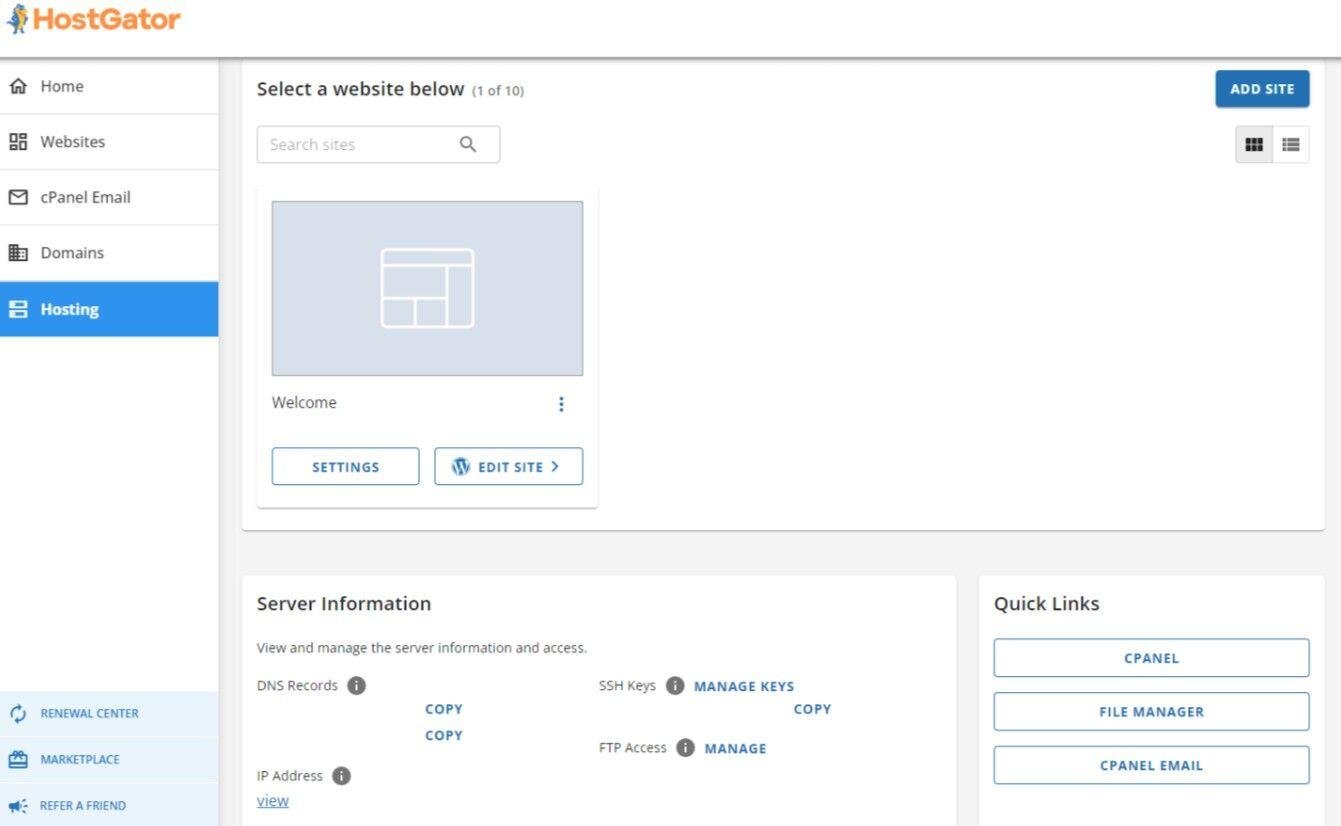 hostgator-dashboard-hosting Hosting page in the dashboard of HostGator, a Bluehost substitute