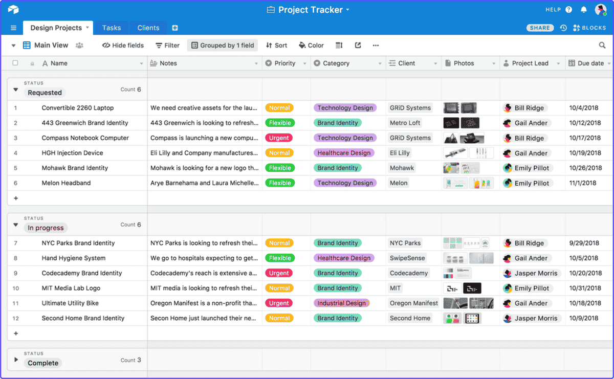 Airtable-Basecamp-alternative Project status and other options in Airtable dashboard, a tool similar to Basecamp.