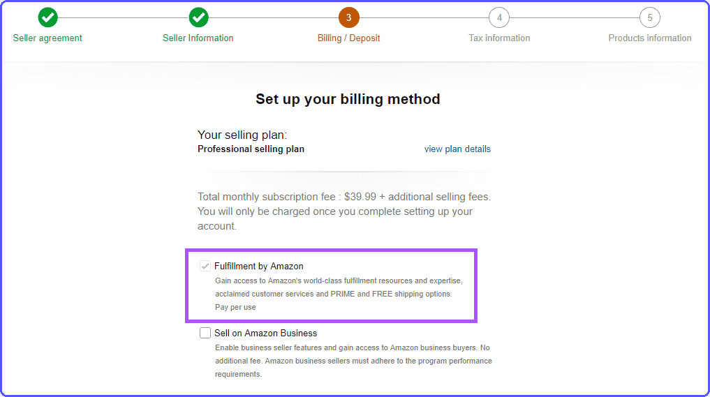 amazon-order-fulfillment-step Billing method setup on Amazon to select the way you will fulfill eCommerce orders