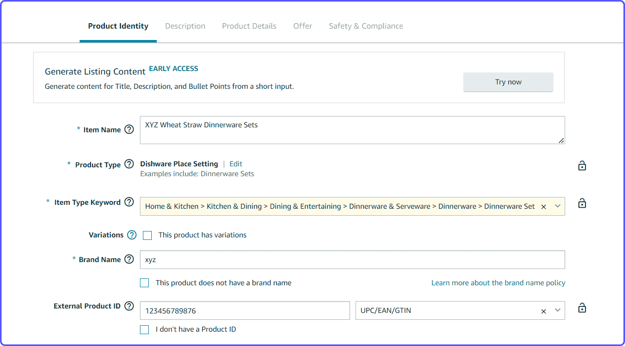 amazon-product-listing Product identity page in product listing setup for Amazon ecommerce