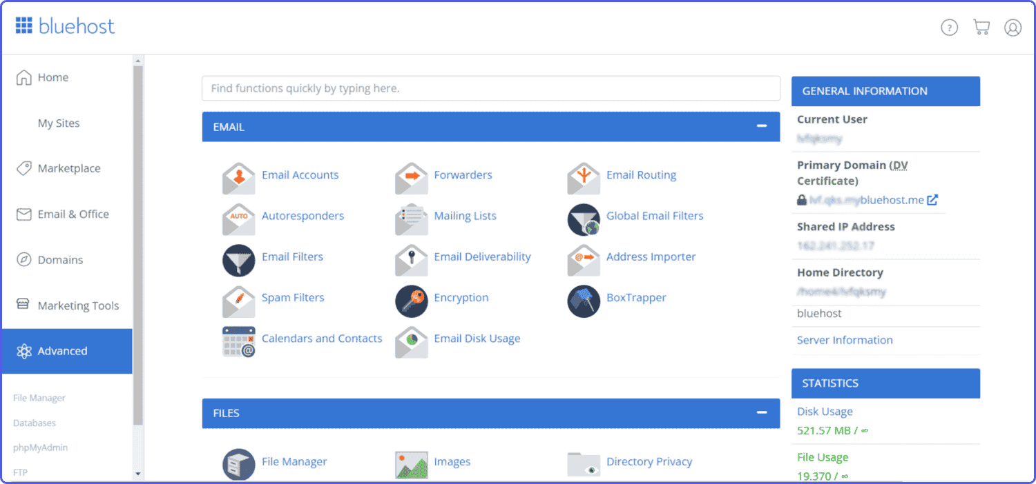 bluehost-control-panel Control panel features in Bluehost