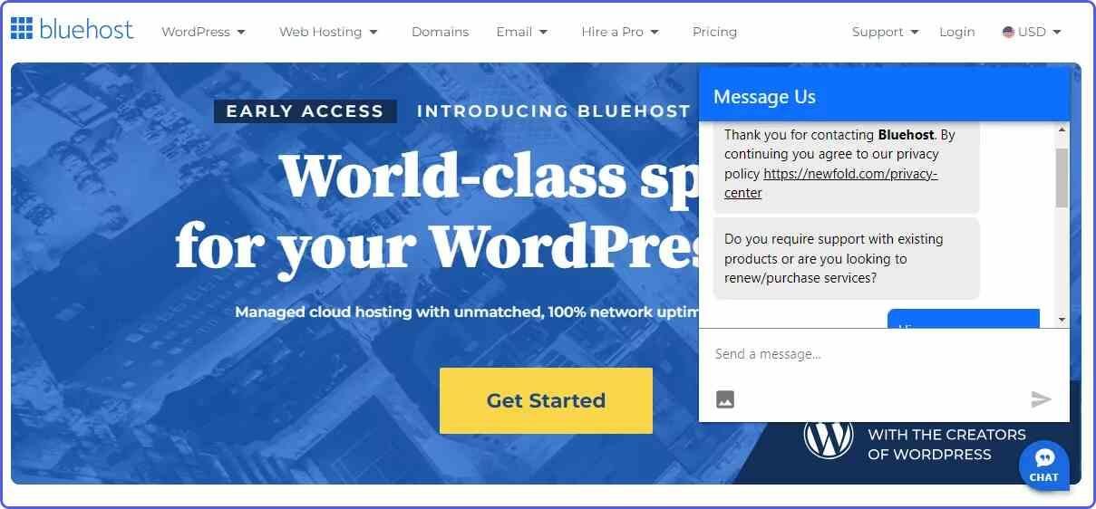 bluehost-customer-support Live chat customer support in Bluehost review