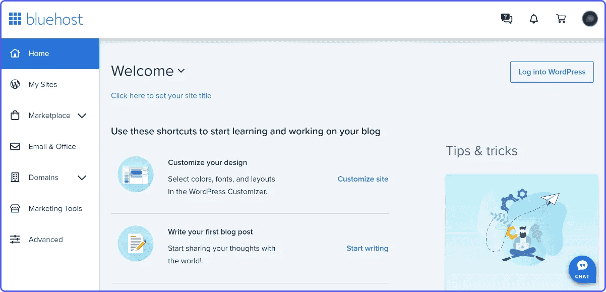 bluehost-home-interface Home main interface of Bluehost