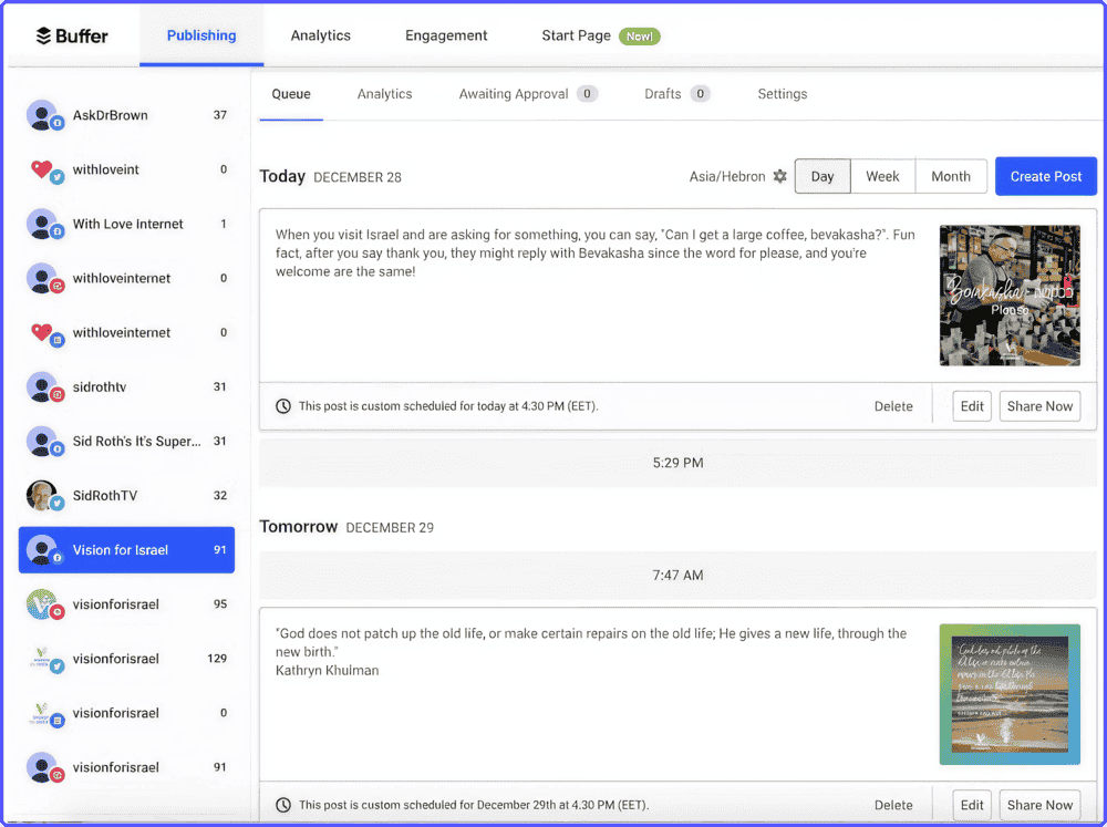 Buffer-spread-blog-content Scheduling blog posts on social media in Buffer dashboard for a personal blog.
