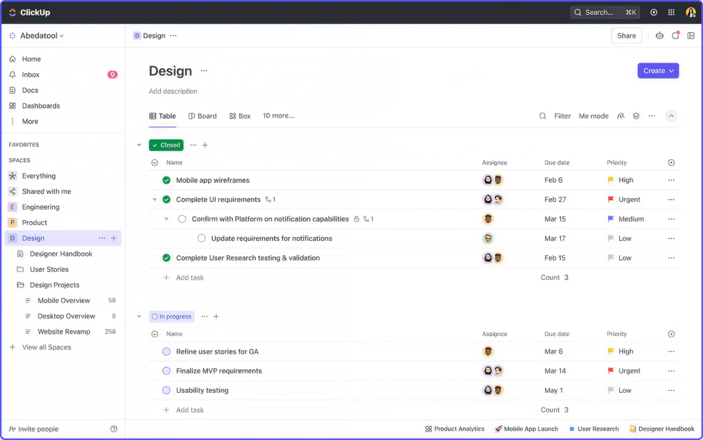 ClickUp-Basecamp-alternative Task dashboard with assignees, due dates, and more in ClickUp, a tool like Basecamp.