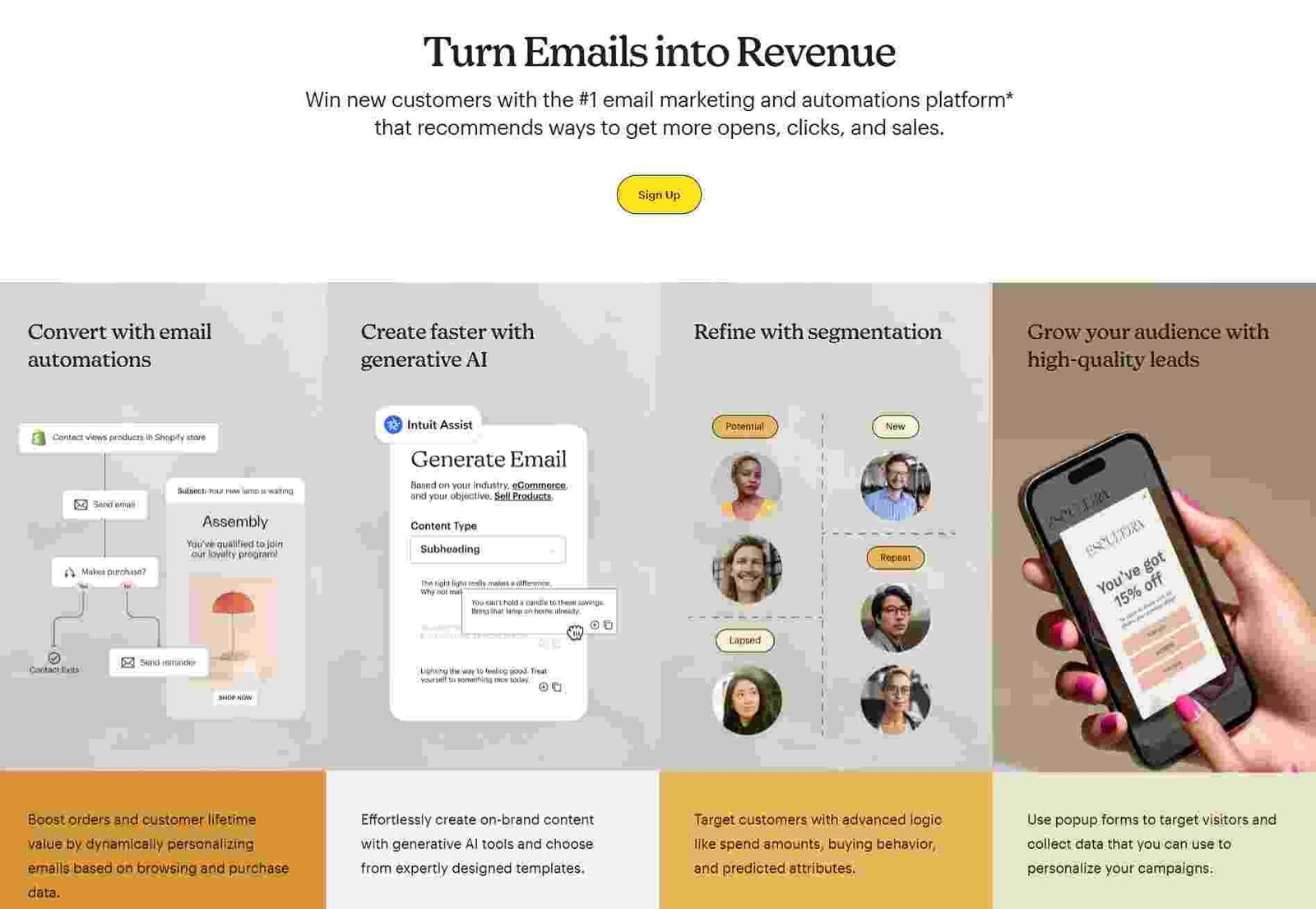 Email marketing features showing inside-the-box thinking on the homepage of Mailchimp