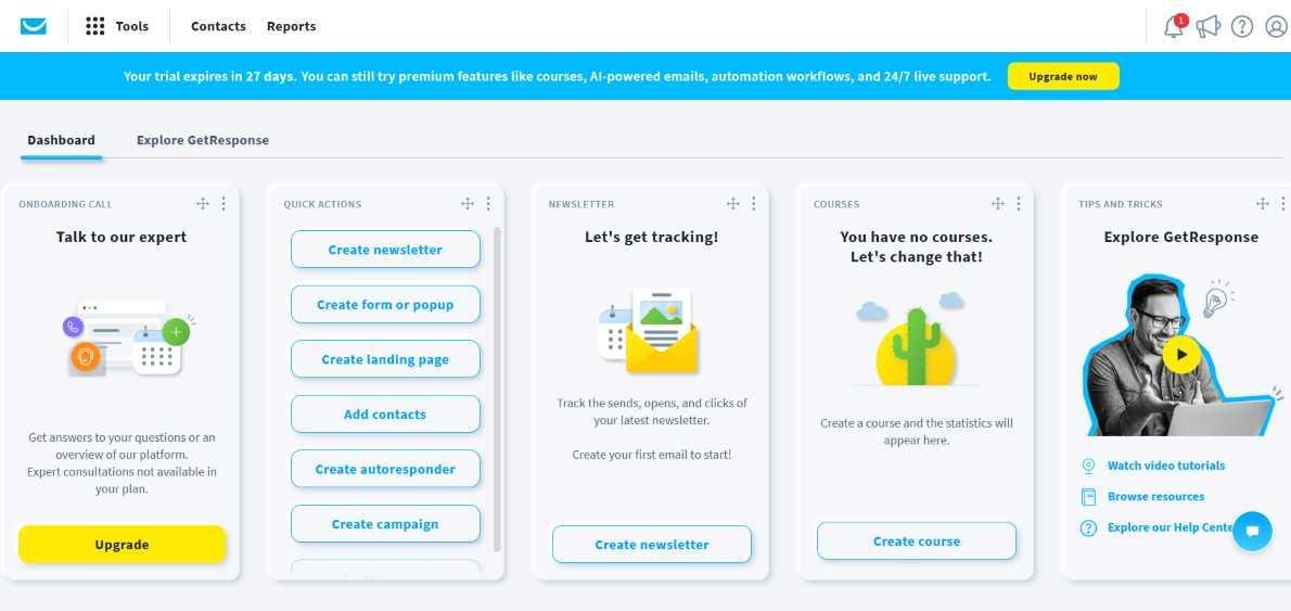 GetResponse-kit-alternative Account dashboard of an email marketing tool like Kit known as GetResponse