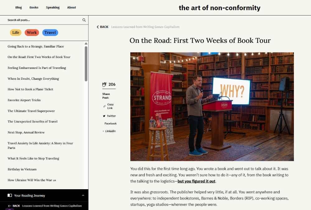 personal-blog-example Article about book tour in a personal blog page.