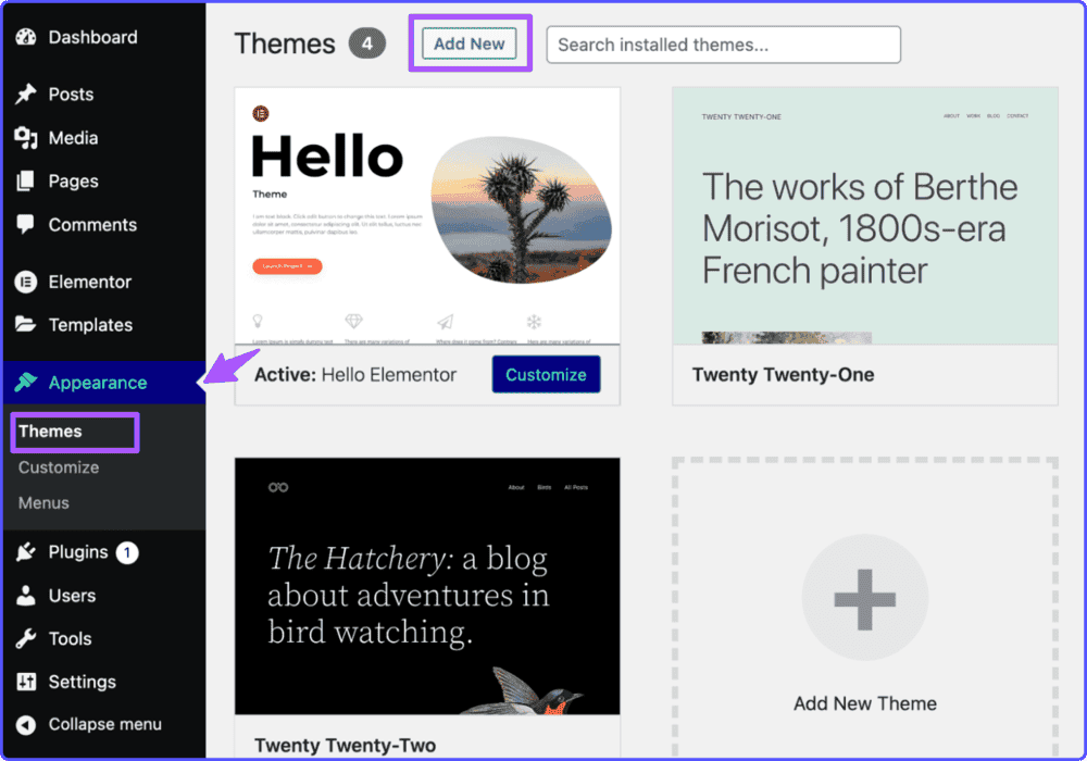 personal-blog-WordPress-themes Themes option in WordPress dashboard for a personal blog.