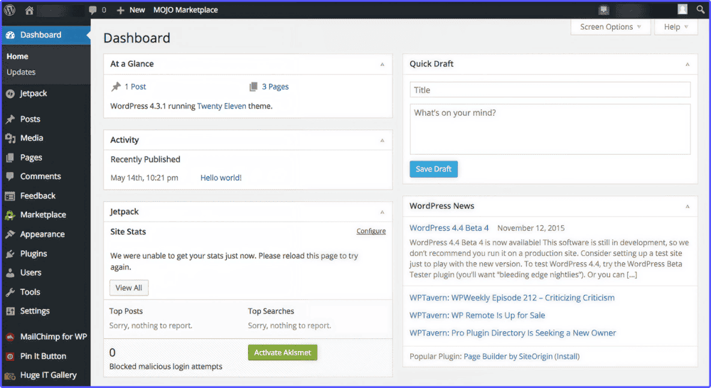 WordPress-blog-platform Dashboard of WordPress, a platform for creating personal blogs.