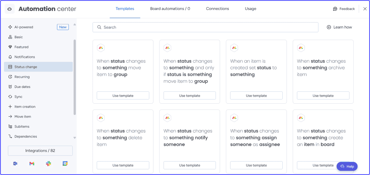 Automation-templates-monday Status change, notifications and more automation options in Monday.