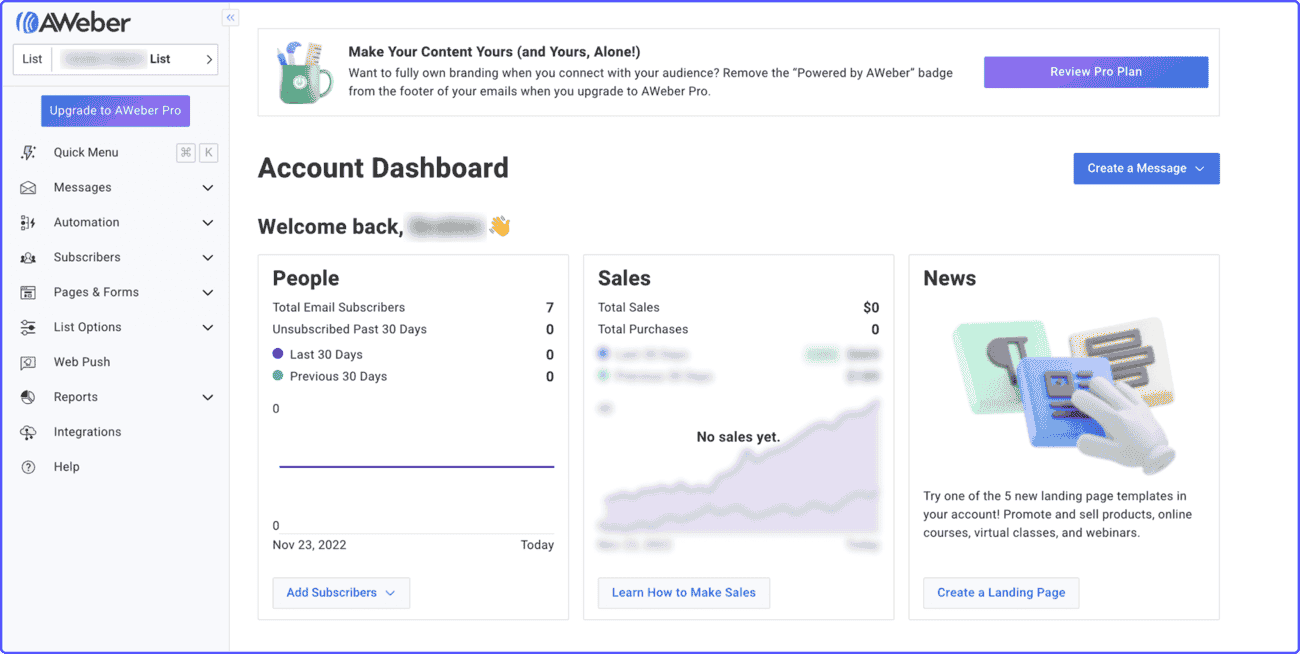 AWeber-GetResponse-alternative Total subscribers and sales dashboard in AWeber, an alternative tool of GetResponse.