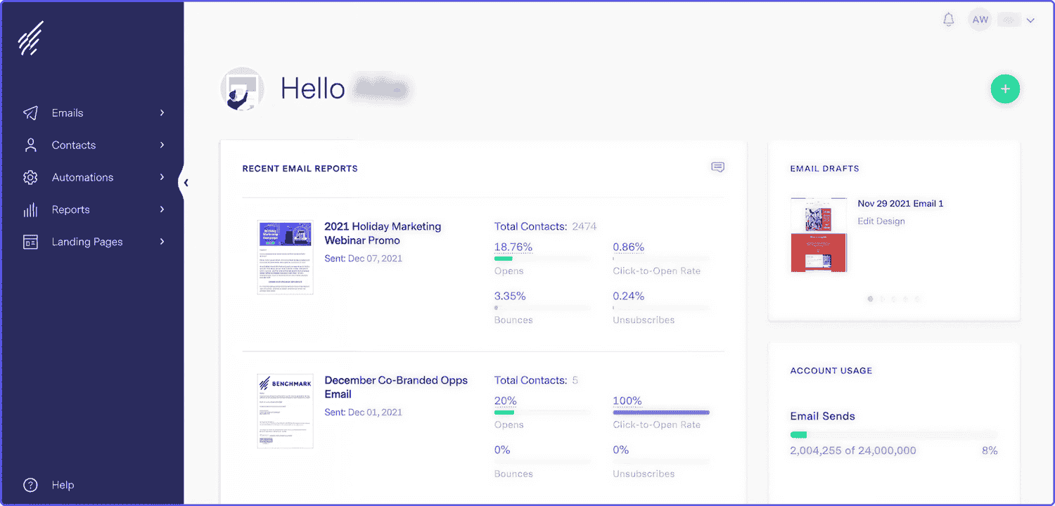 Benchmark-Email-GetResponse-alternative Recent email reports and drafts in Benchmark Email dashboard, a tool like GetResponse.