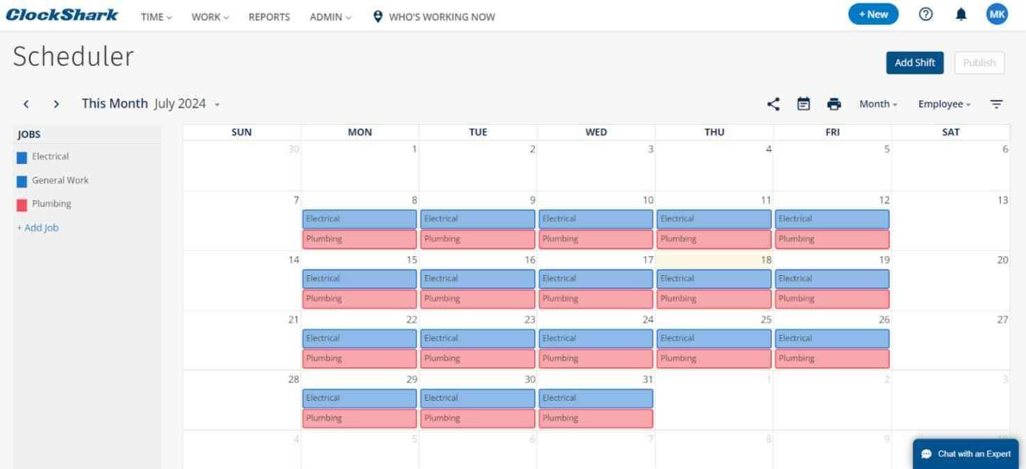 clockshark-scheduler-calendly-substitute Monthly job assignment in the scheduler interface of a Calendly rival called ClockShark