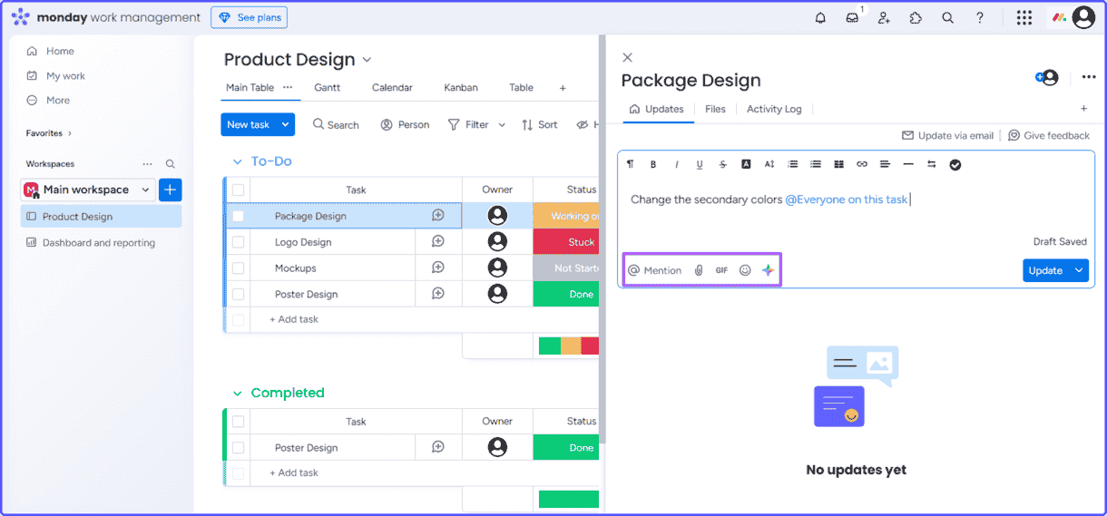 Collaboration-tools-monday Comment, mentions, file upload, and other collaboration tools in Monday.