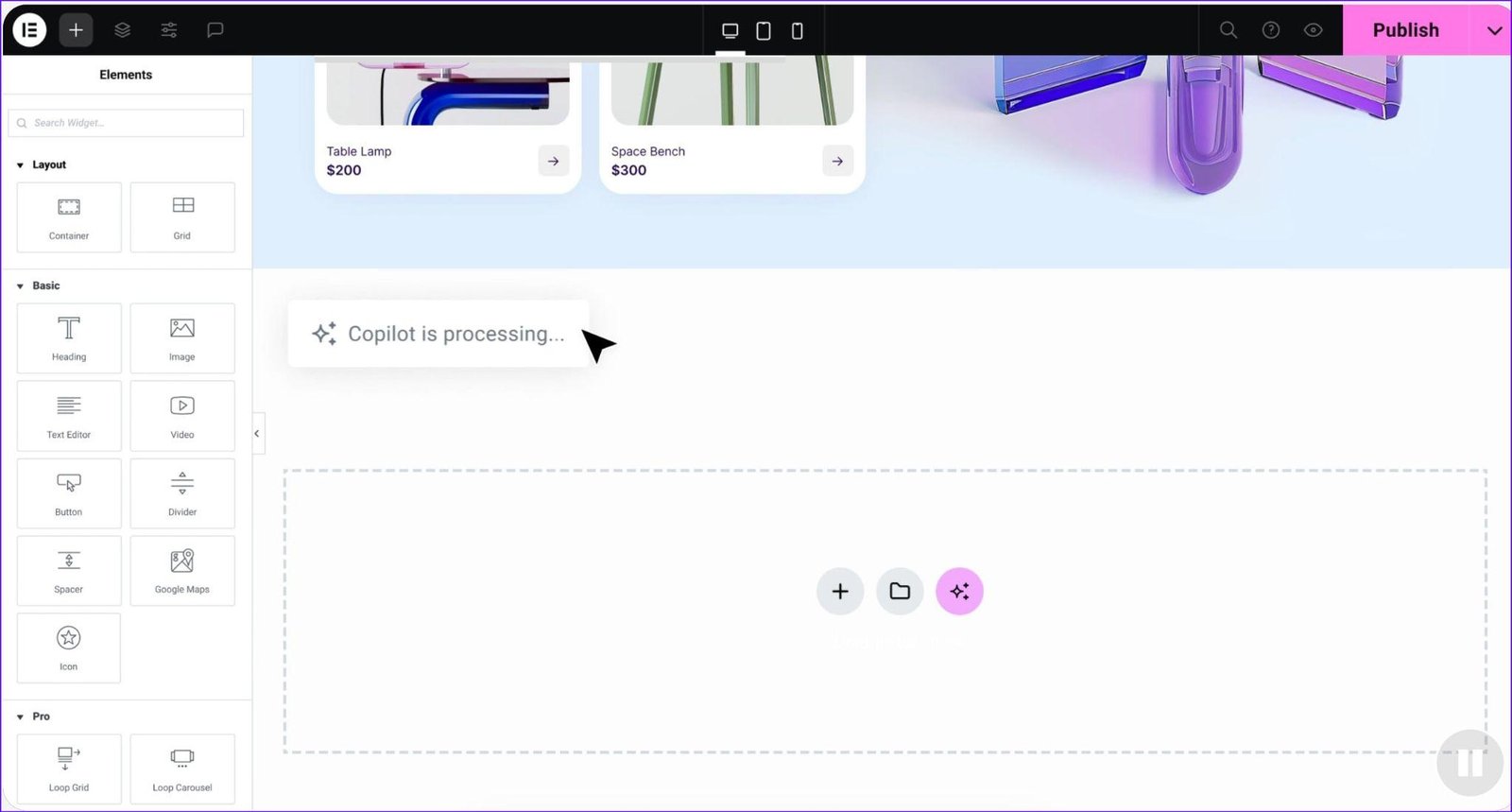 UI of Elementor page builder similar to Divi