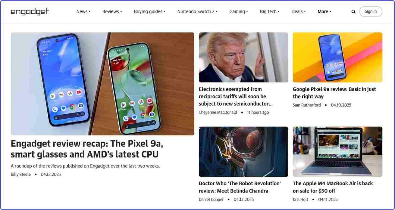 engadget-news-professional-blog Homepage of professional news blog known as engadget