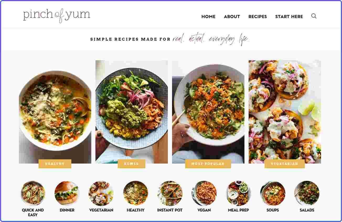 food-niche-professional-blogging Homepage of a professional food niche blog Pinch of Yum