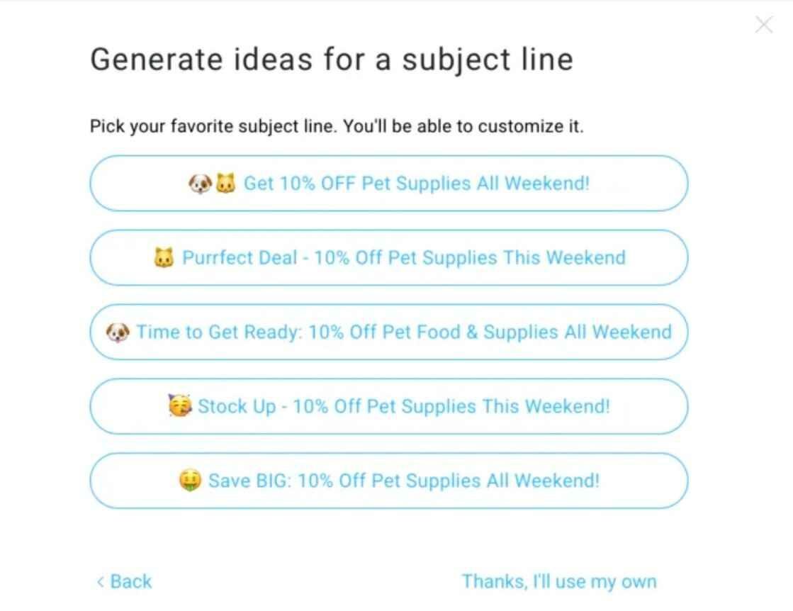 getresponse-ai-subject-lines Subject lines generated for an email using the AI subject line builder of GetResponse