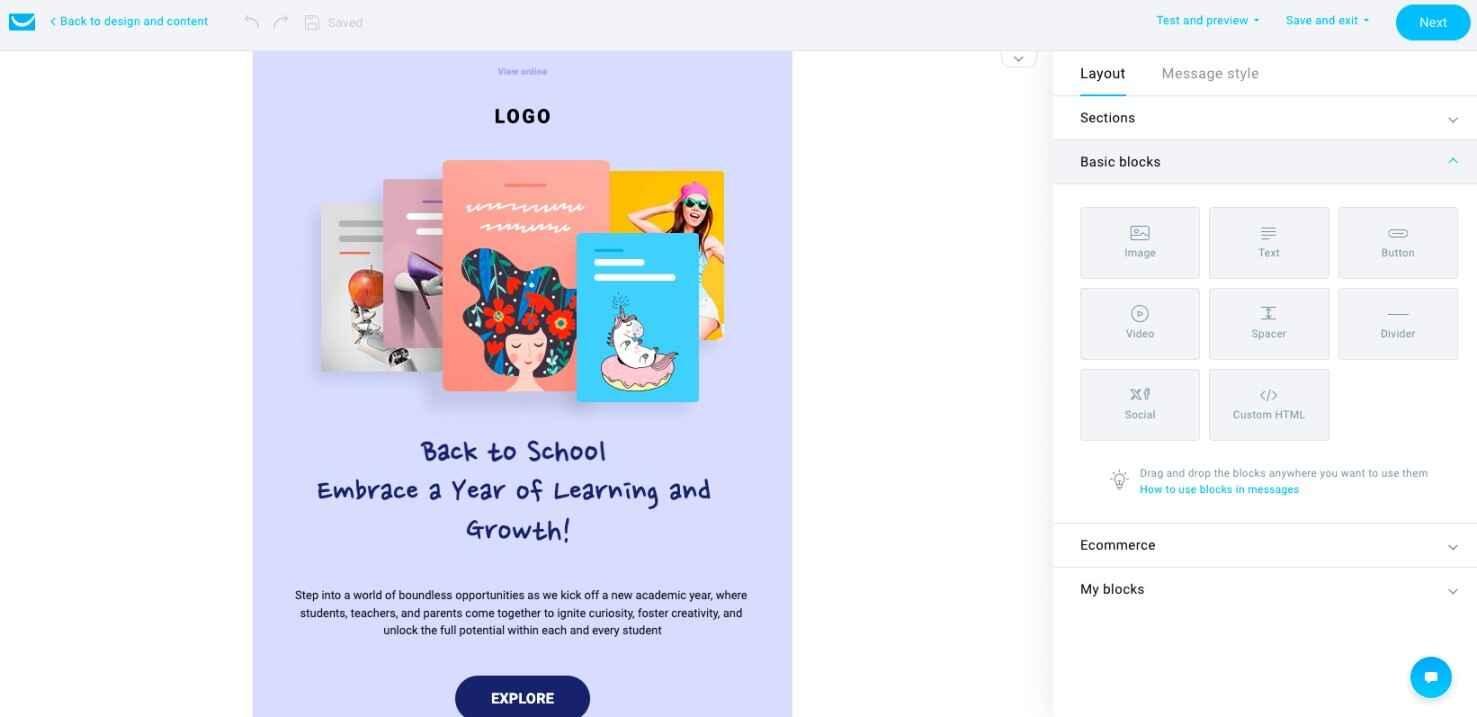 getresponse-drag-drop-editor Drag-and-drop builder for creating an email campaign in GetResponse