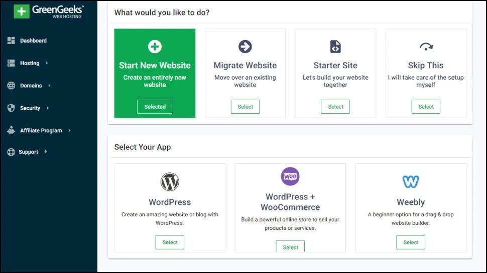 Dashboard of Dreamhost alternative GreenGeeks 