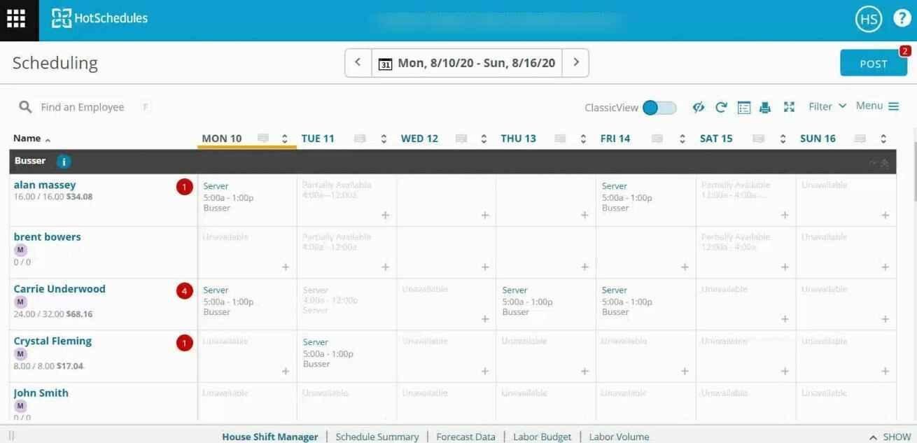 hotschedules-scheduling-calendly-rival Weekly employee shift schedule in a tool similar to Calendly called HotSchedules