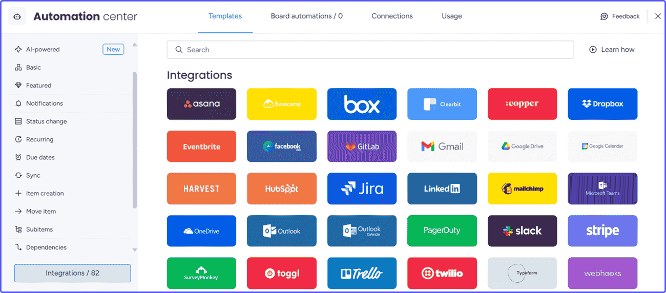 Integration-options-monday Various apps and services integration options in Monday.