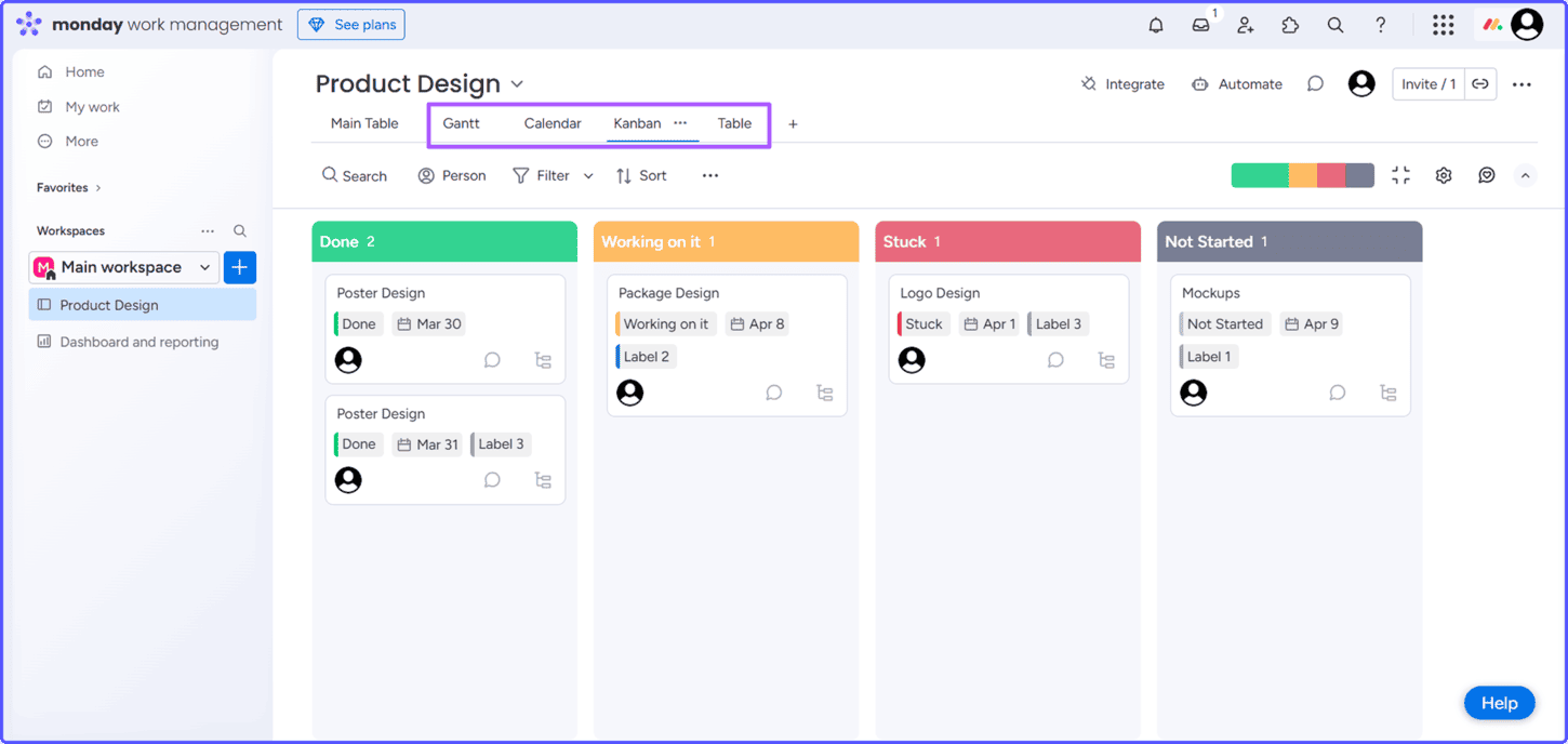 Kanban-view-monday Project task statuses displayed in Kanban view in Monday.