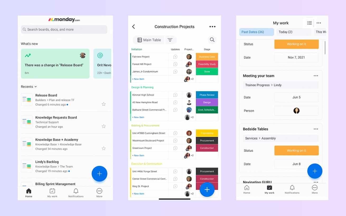 Mobile-app-monday Home page, project management, and task updates in mobile app of Monday.