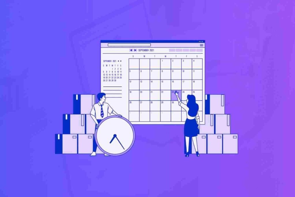 Illustration of time management on Monday with a calendar and clock.
