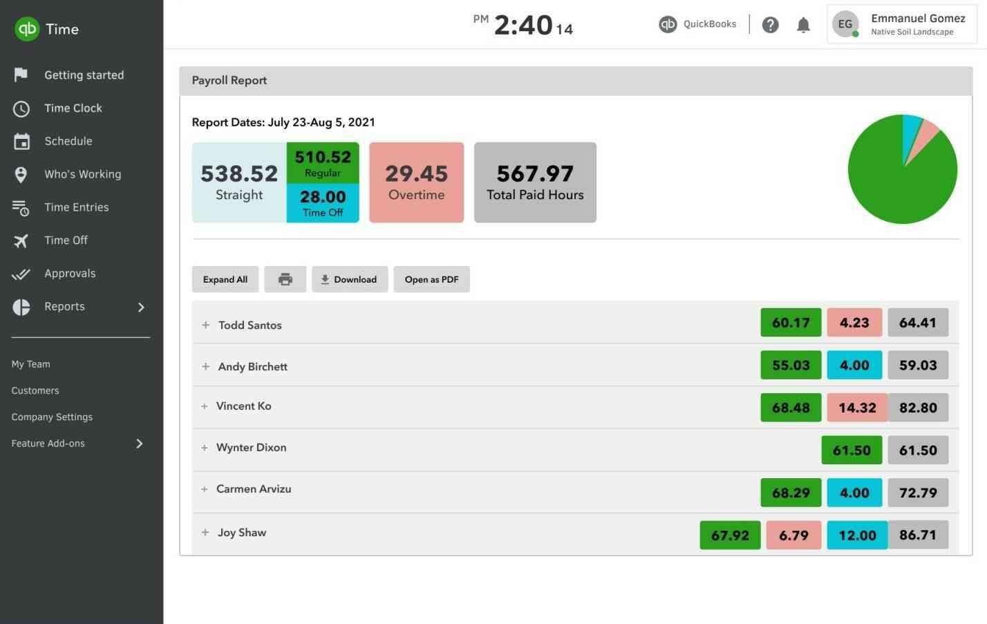 quickbooks-time-calendly-competitor Payroll report of employees in a Calendly substitute known as QuickBooks Time